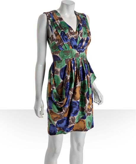 Bcbgmaxazria Green Silk Floral Print Pleated Drape Dress in Green | Lyst