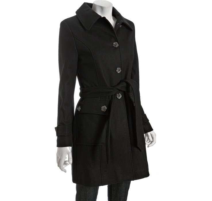 Betsey Johnson Black Wool Blend Rose Button Belted Coat in Animal ...