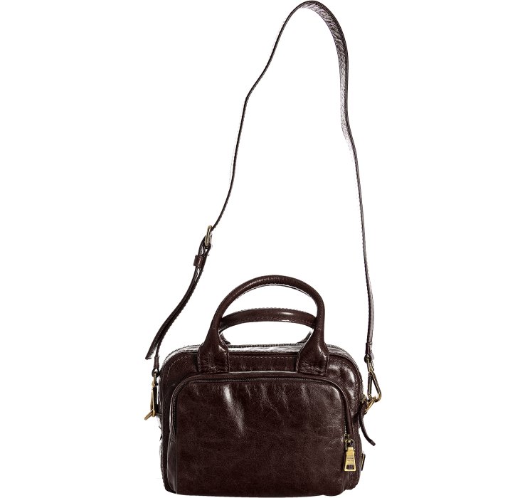 Prada Brown Vitello Shine Leather Bauletto Small Zip Satchel in ...  