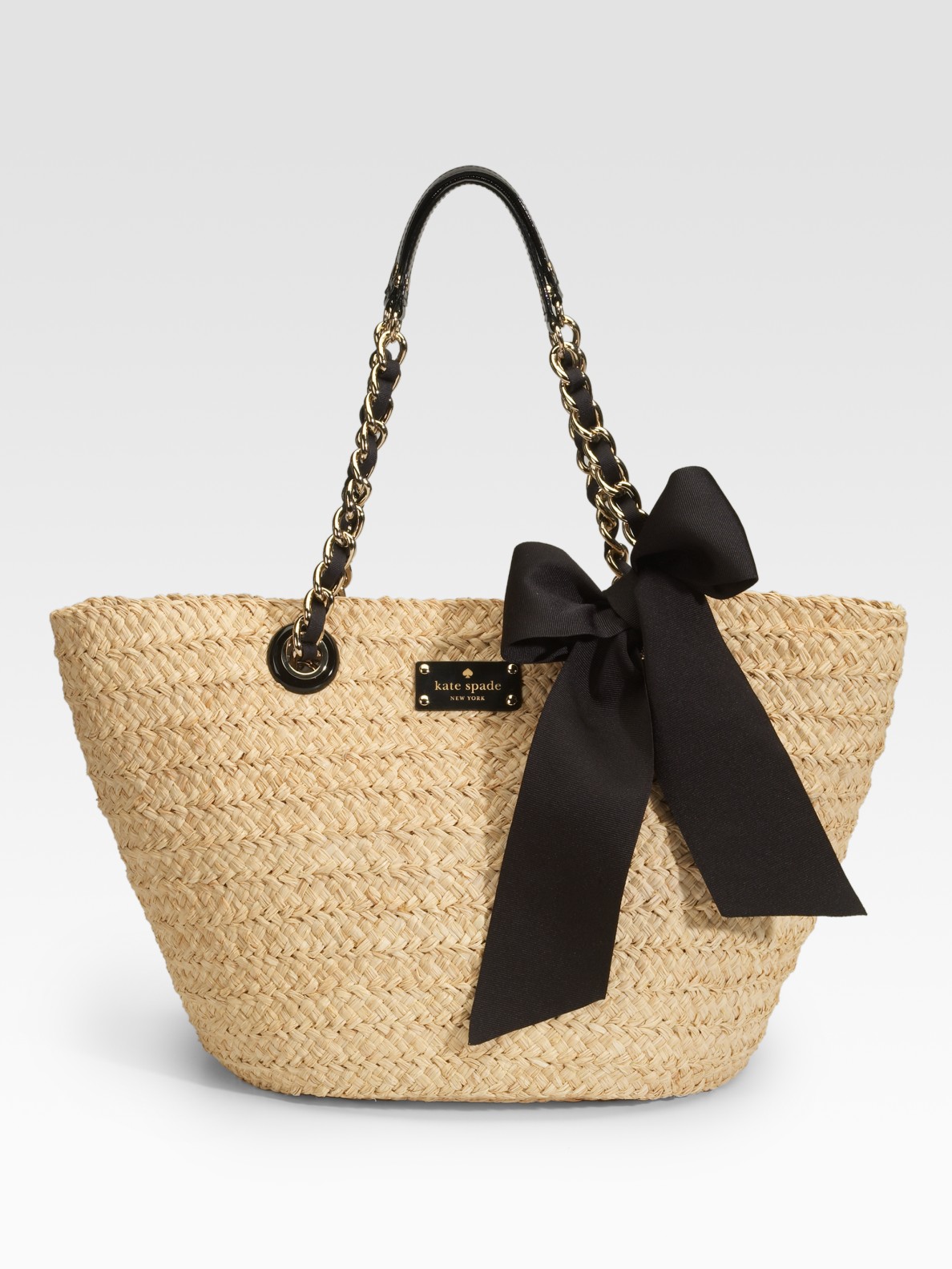 Kate Spade Small Coal Chain Strap Bow Straw Tote in Beige (BLACK) | Lyst