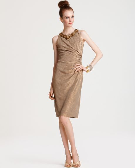 David Meister Metallic Dress with Jeweled Neck in Brown (Bronze) | Lyst