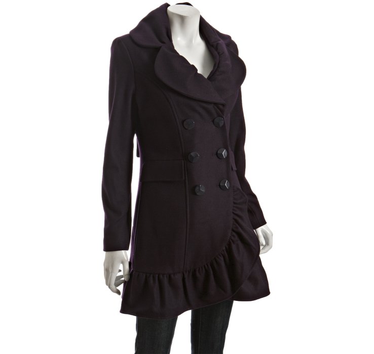 Betsey Johnson Eggplant Wool Blend Double Breasted Ruffle Trim Coat in ...