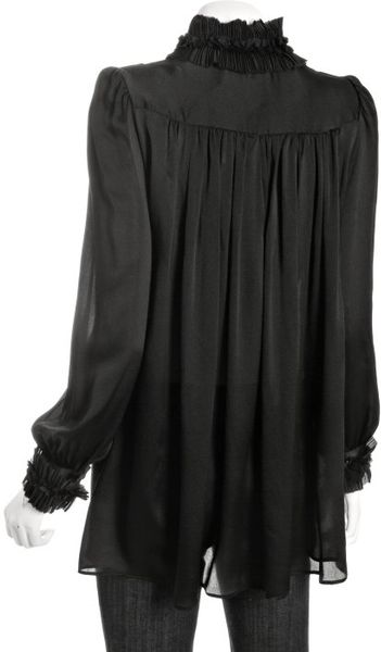 Alexander Mcqueen Black Silk Ruffle Collar Long Blouse in Black | Lyst