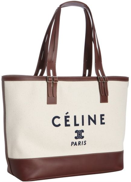 Celine Cream Canvas and Leather Logo Print Tote in Beige (cream) | Lyst