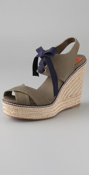 Tory Burch Lace Up Wedge Espadrilles in Green (olive) | Lyst