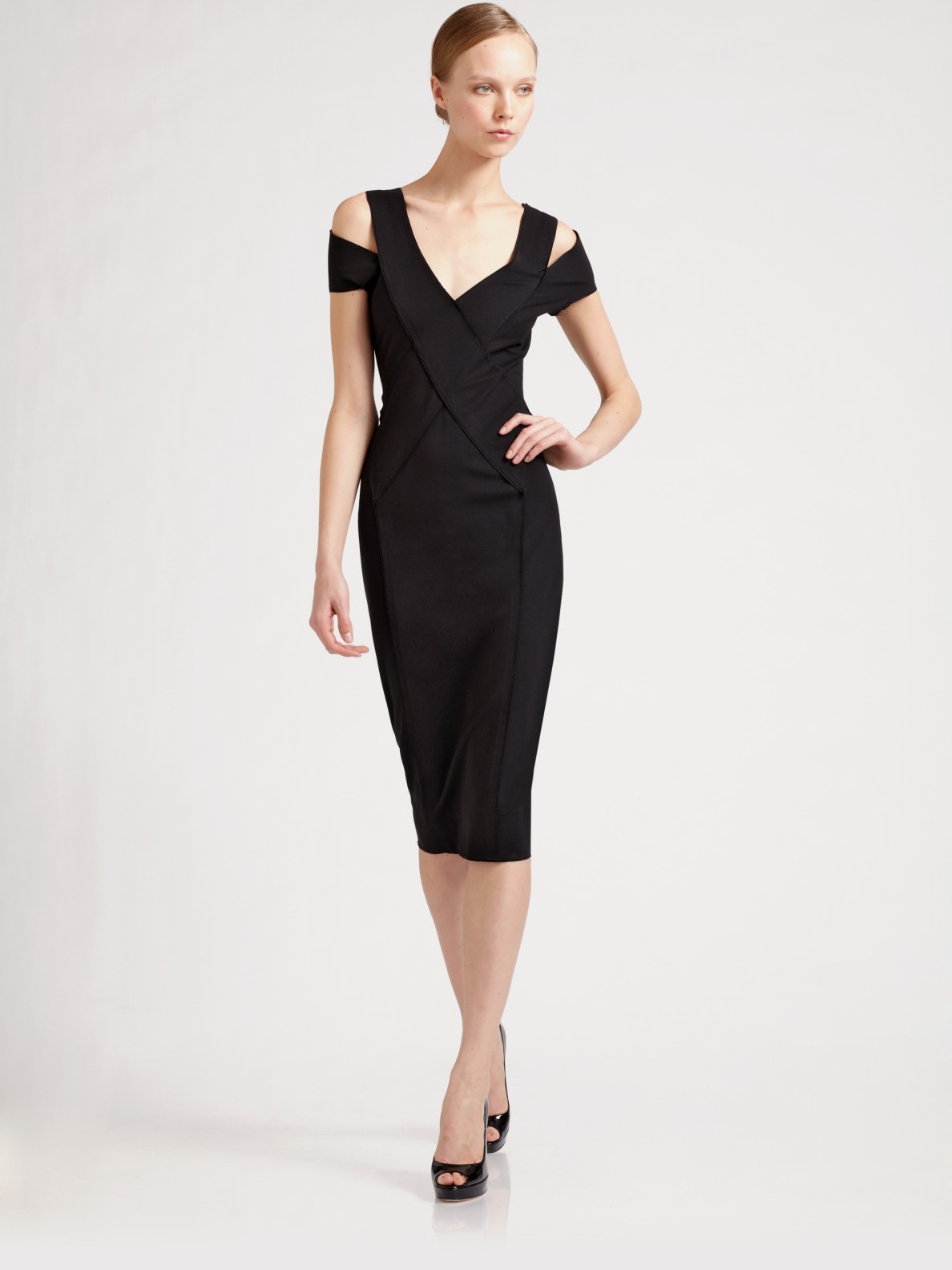 Lyst - Donna Karan Cap-sleeve Sculpted Dress in Black