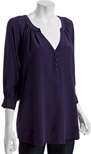 Shoshanna Eggplant Silk Split Neck Peasant Blouse in Purple (eggplant ...