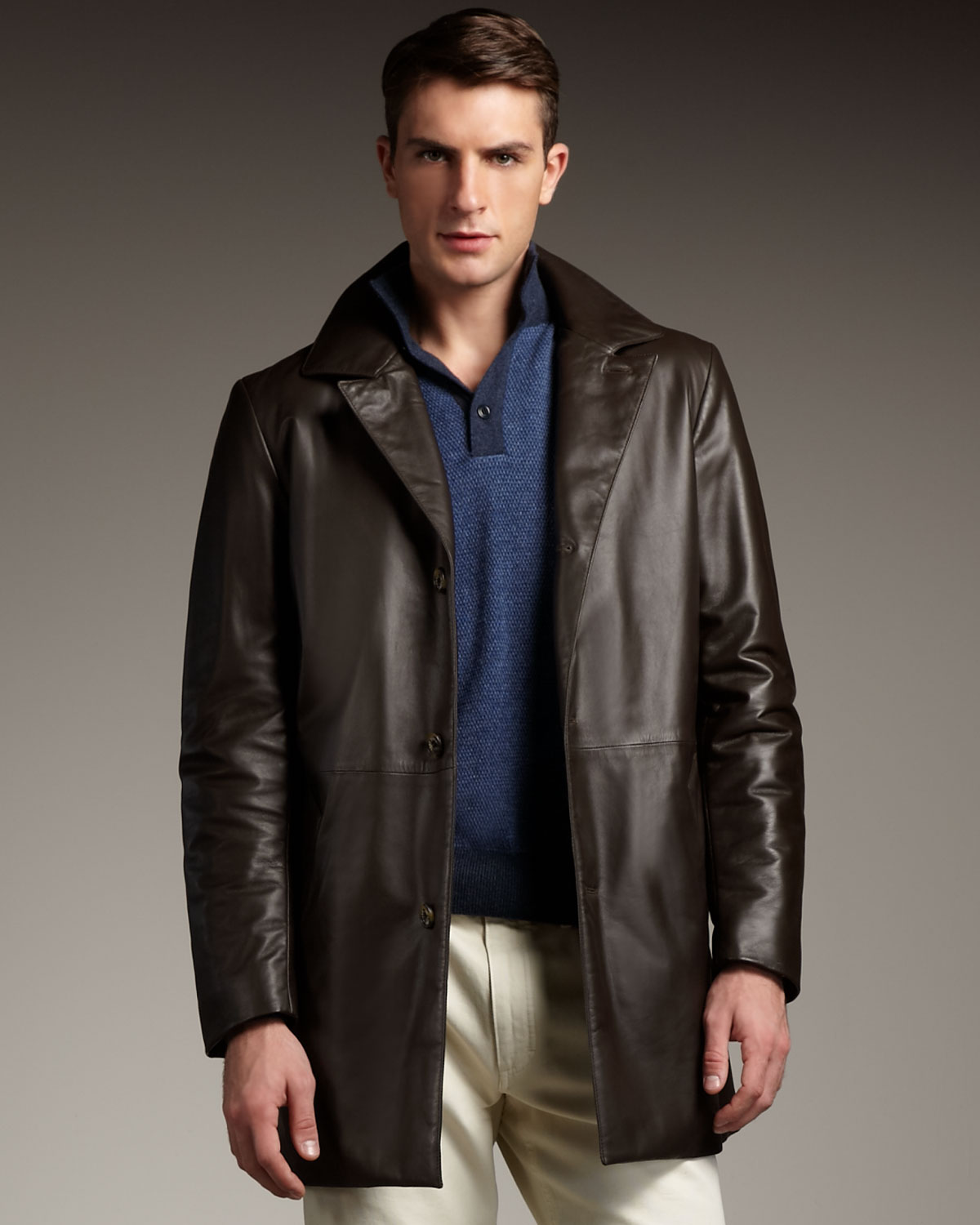Loro piana Leather Car Coat in Brown for Men | Lyst