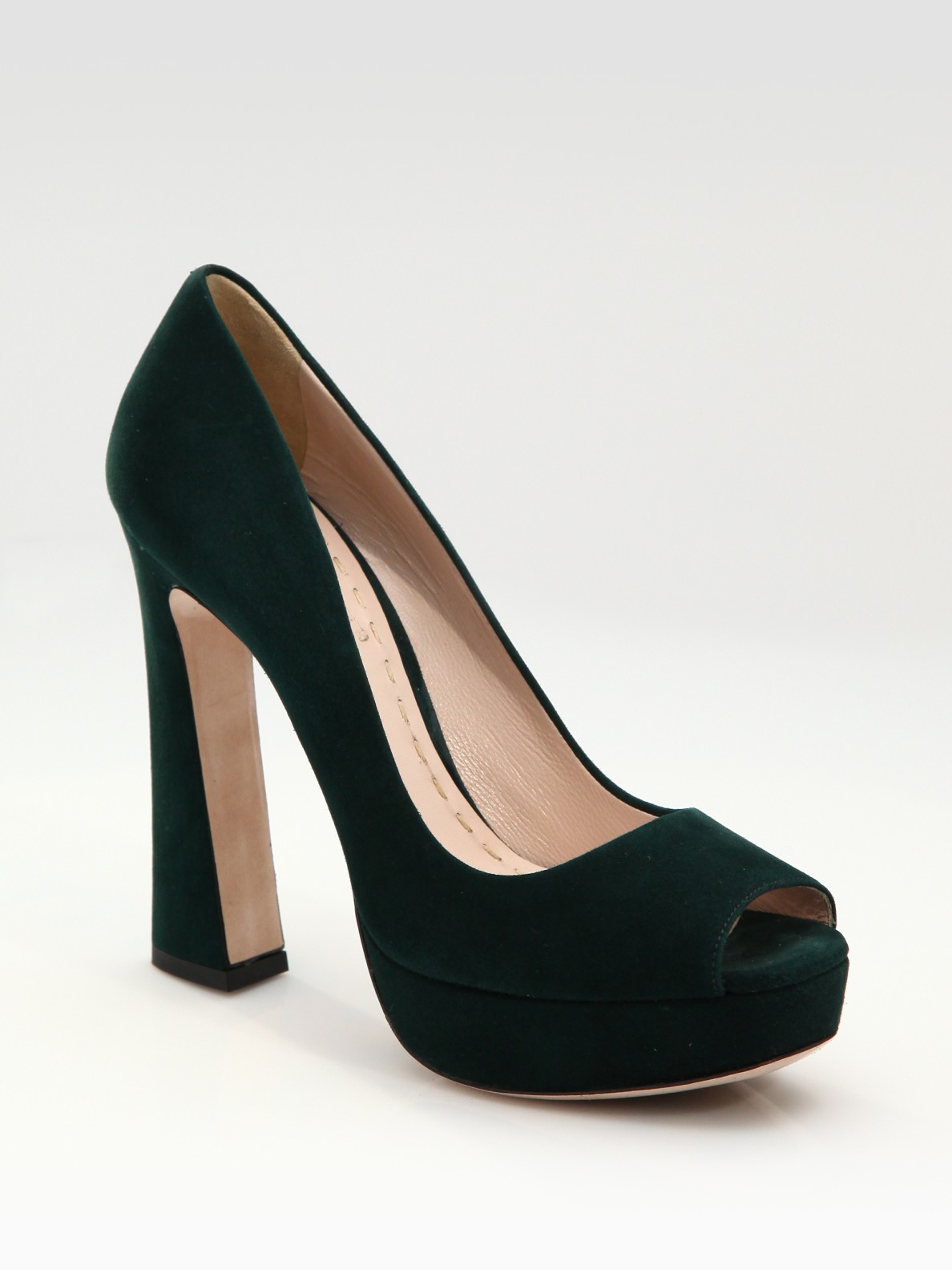 Miu Miu Suede Flared-heel Pumps in Green | Lyst