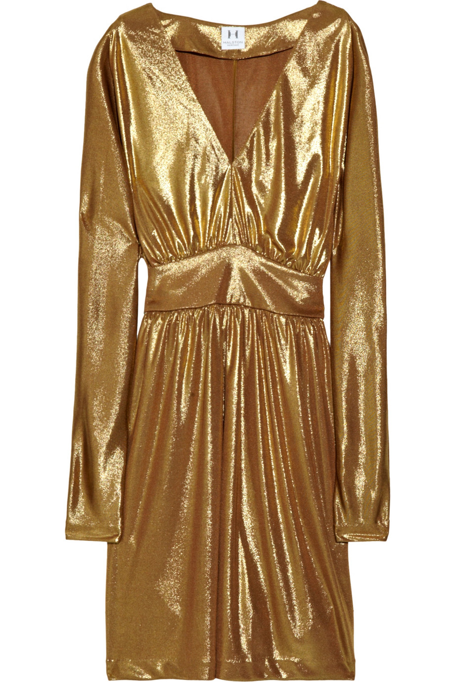 Halston Heritage Lamé V-neck Dress in Gold | Lyst