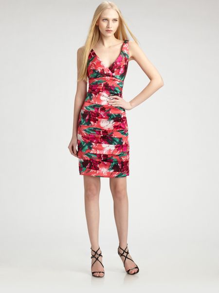 Theia Tropical Print Strapless Cocktail Dress in Multicolor (coral) | Lyst