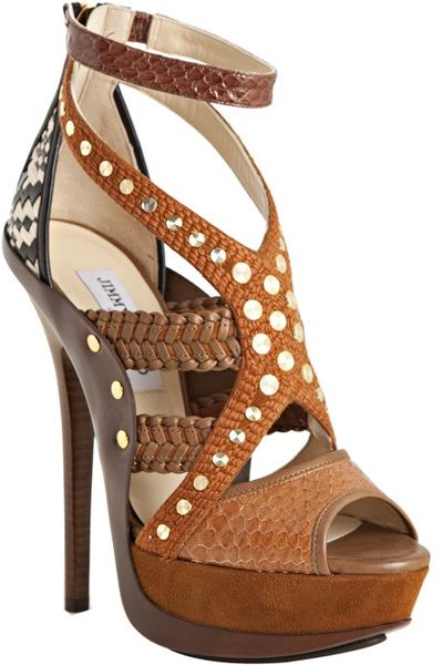 Jimmy Choo Vivienne Embellished Leather and Snakeskin Sandals in Brown ...