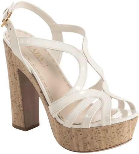 Prada White Patent Leather Cork Platform Sandals in White | Lyst