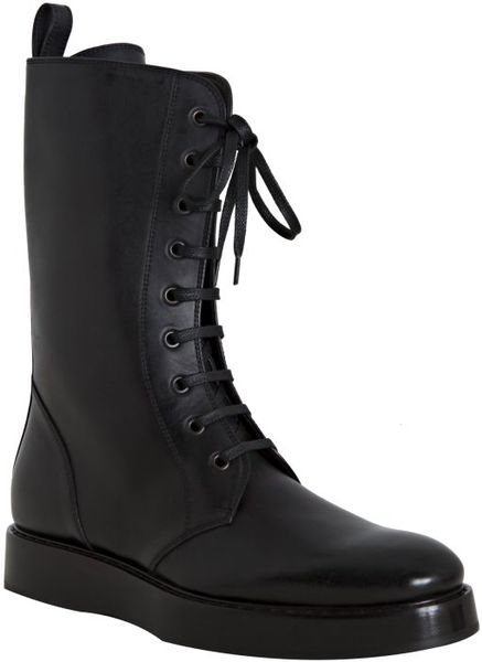 Bottega Veneta Black Leather Lace Up Combat Boots in Black | Lyst