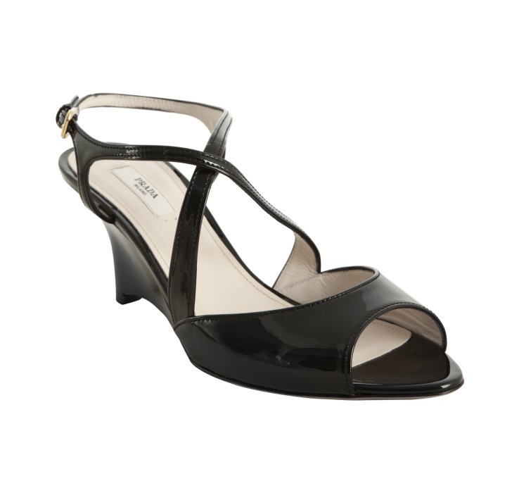 Prada Black Patent Leather Strappy Wedge Sandals in Black | Lyst