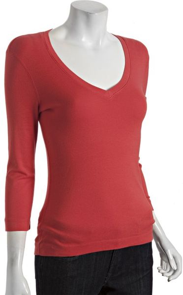 Three Dots Red Cotton Deep V-neck Three-quarter Sleeve T-shirt in Red ...