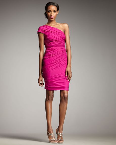 Badgley Mischka One-shoulder Ruched Cocktail Dress in Pink (fuchsia) | Lyst