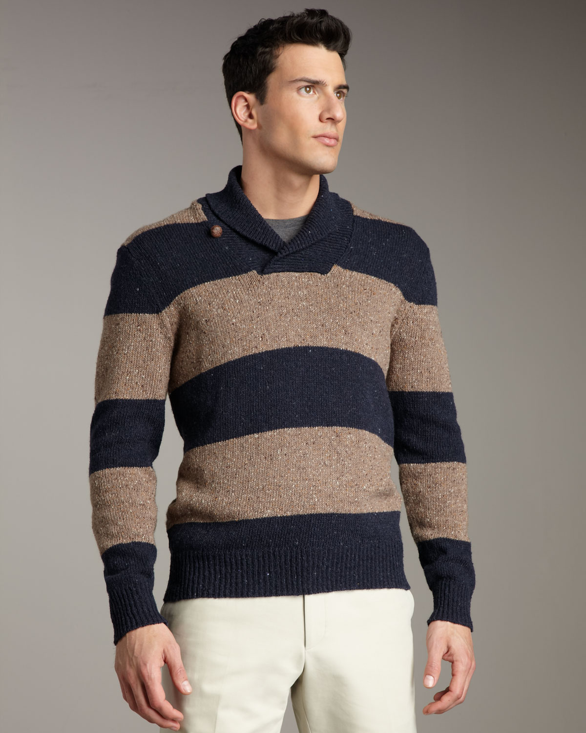 Vince Rugby-stripe Shawl-collar Sweater in Brown for Men | Lyst