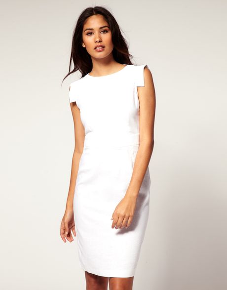Asos Collection Asos Linen Pencil Dress with Square Sleeve in White | Lyst