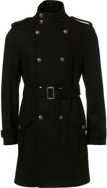 Topman Black Wool Military Trench Coat in Black for Men | Lyst
