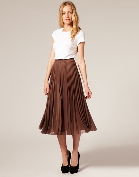 Whistles Erica Pleated Midi Skirt in Brown (taupe) | Lyst