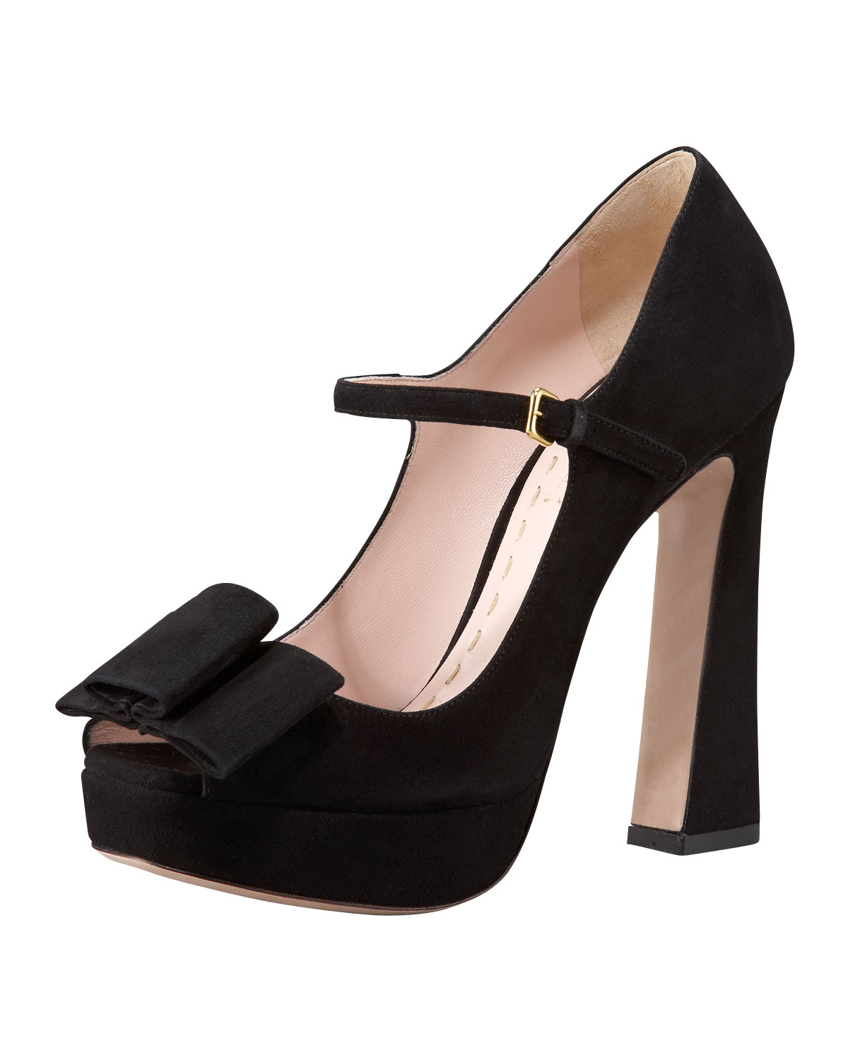 Miu Miu Suede Peep-toe Mary Jane Pump in Black (rose) | Lyst