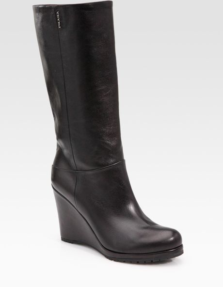 Prada Leather Wedge Boots in Black | Lyst