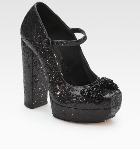Alice + Olivia Gizelle Glittery Leather Mary Jane Bow Pumps in Black | Lyst