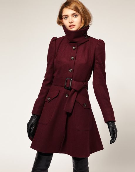 Asos Collection Asos Fit and Flare Coat with Belt in Red (darkred) | Lyst