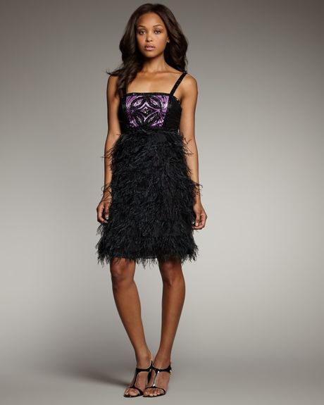 Sue Wong Feather-skirt Dress in Black | Lyst