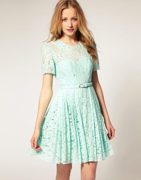 Whistles Siri Pleat Lace Dress in Green (turquoise) | Lyst