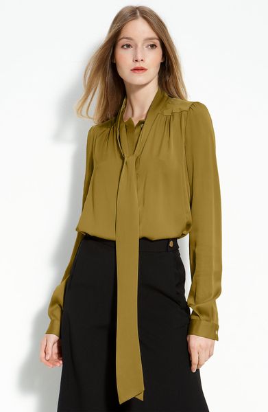 Diane Von Furstenberg Trelodie Tie Neck Silk Blouse in Green (curry) | Lyst