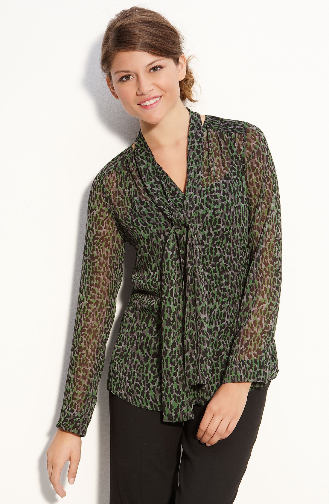 Dkny Chiffon Blouse with Tie in Green (emerald print) | Lyst