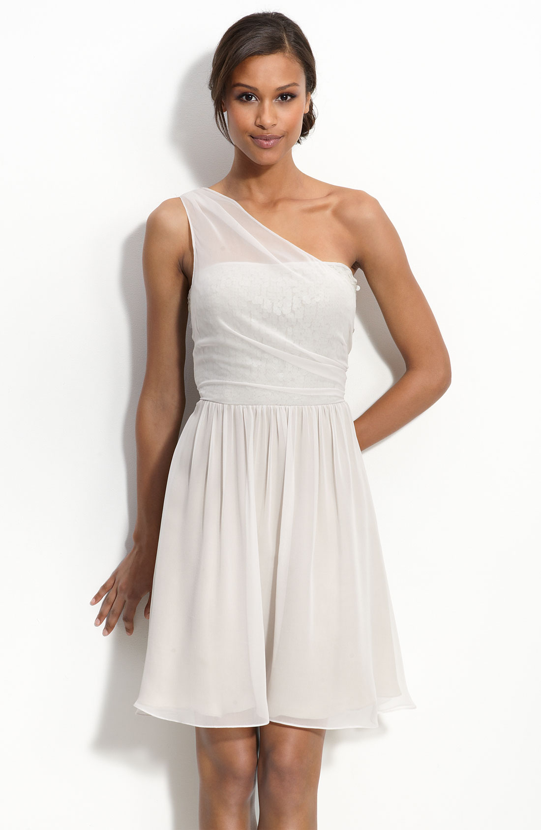 Donna Ricco One Shoulder Chiffon Dress with Sequin Trim in White (haze ...