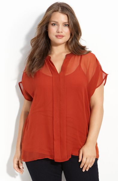 Olivia Moon Sheer Blouse with Camisole (plus) in Red (rust) | Lyst