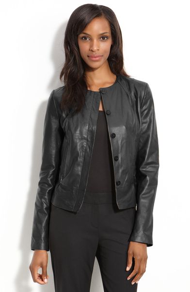 Tahari Collarless Leather Jacket (petite) in Black | Lyst