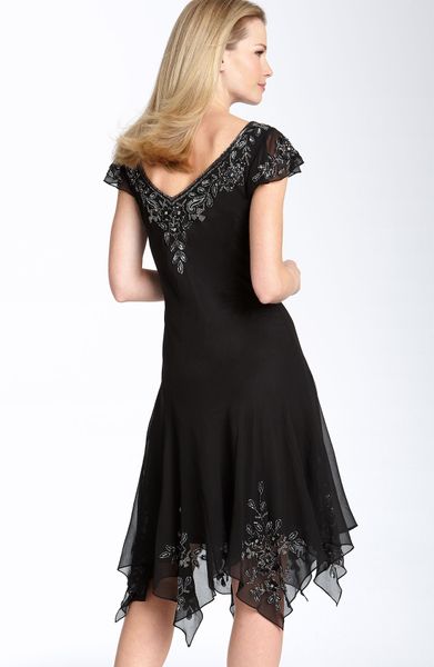 J Kara Beaded Flutter Sleeve Chiffon Dress in Black (black / mercury ...