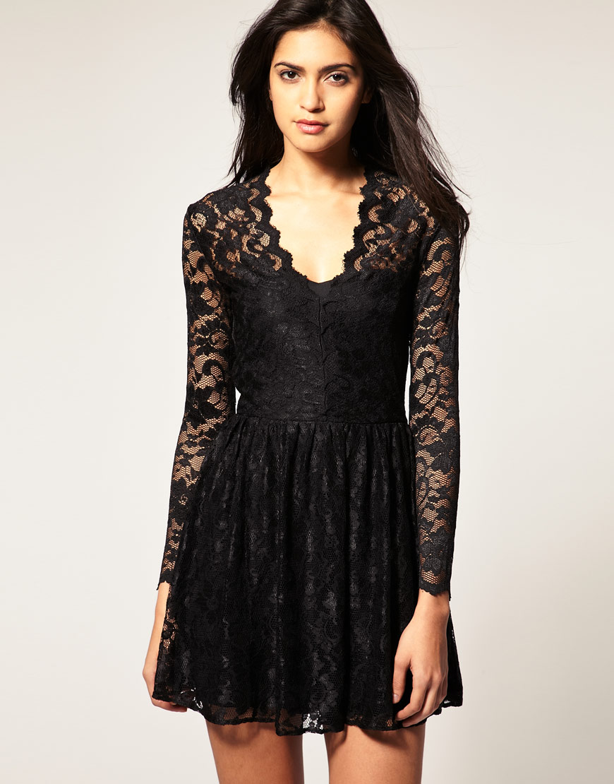 Lyst - Asos collection Asos Lace Skater Dress with Long Fitted Sleeves ...