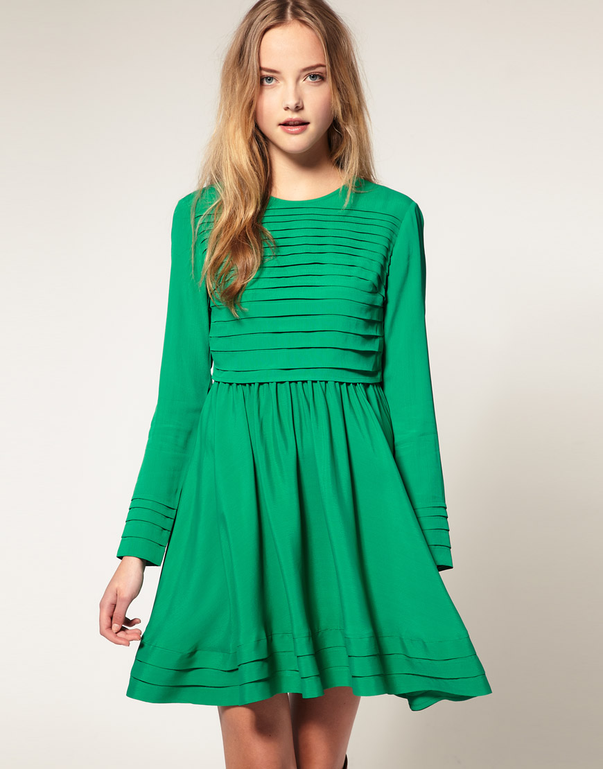 Asos Collection Asos Fit and Flare Dress with Pleat Detail in Green | Lyst