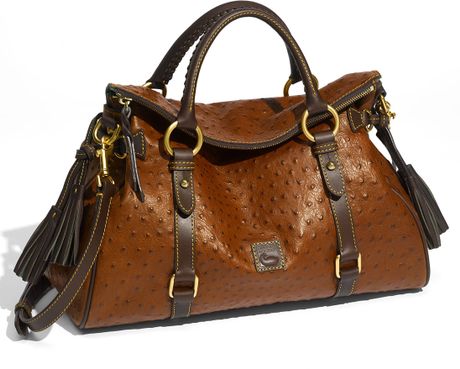 Dooney & Bourke Ostrich Embossed Satchel in Brown (cognac) | Lyst