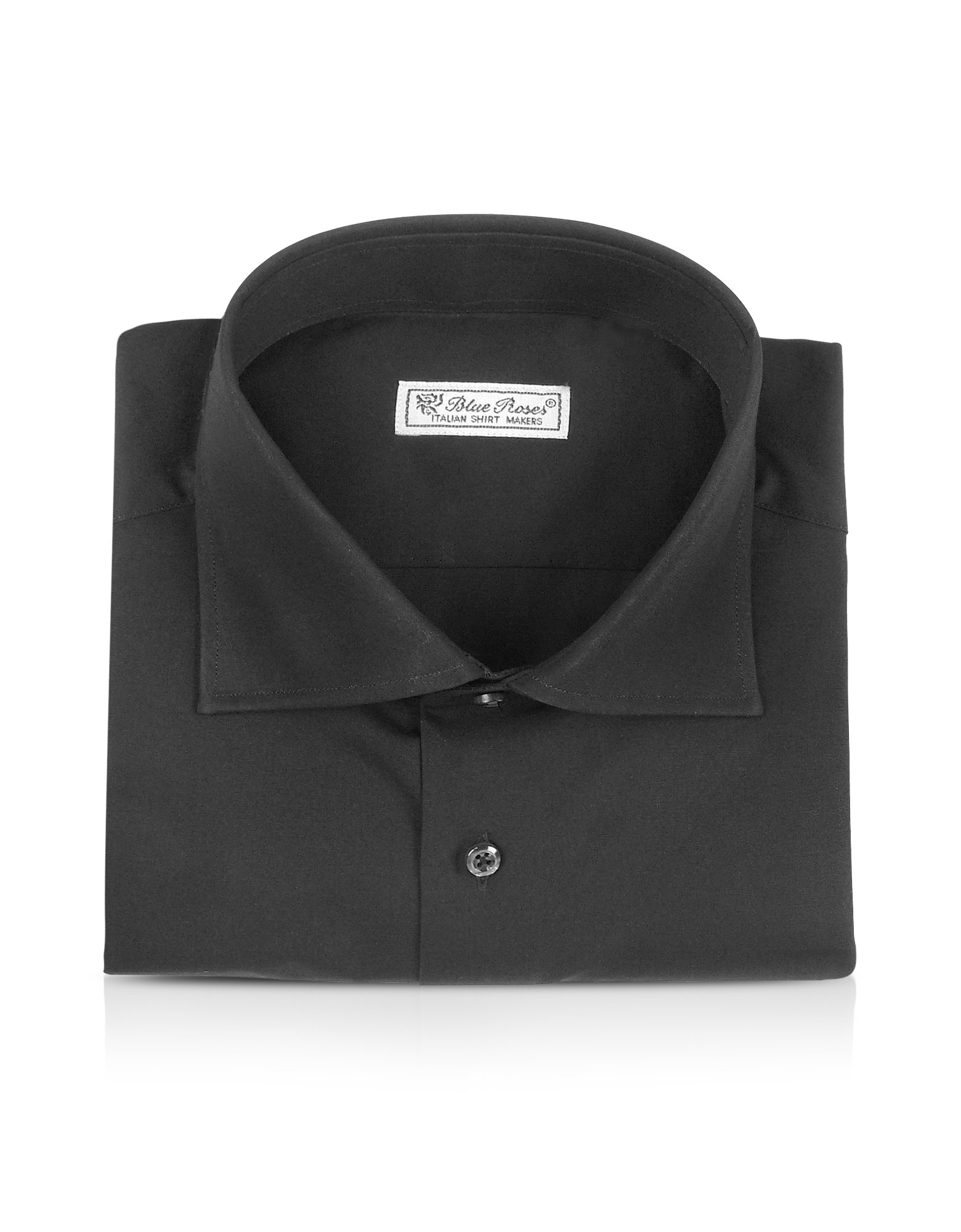 Forzieri Blue Roses Solid Black Wide Spread Collar Cotton Slim Dress