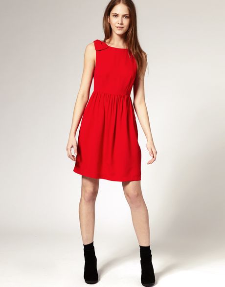 Boutique By Jaeger Silk Baby Doll Dress With Bow Shoulder in Red | Lyst