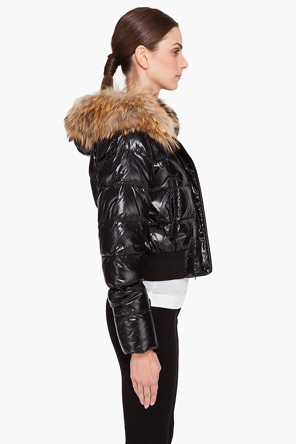 Lyst - Moncler Armoise Shiny Quilted Jacket W/fur Hood in Black