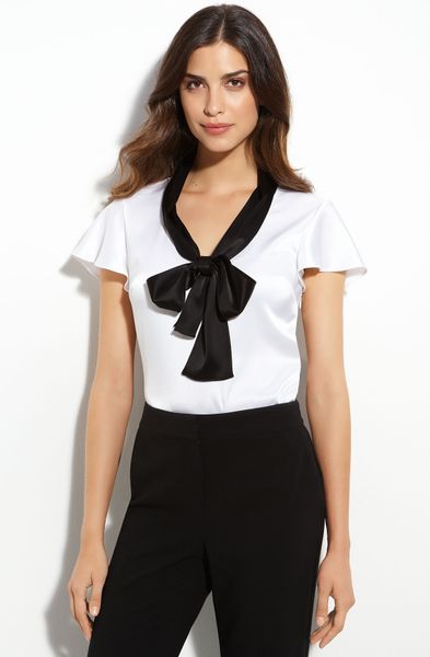 St. John Collection Tie Neck Satin Blouse in White (white / caviar) | Lyst
