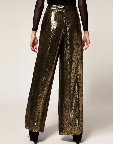 Asos Palazzo Trousers In Gold Metallic Jacquard in Gold | Lyst