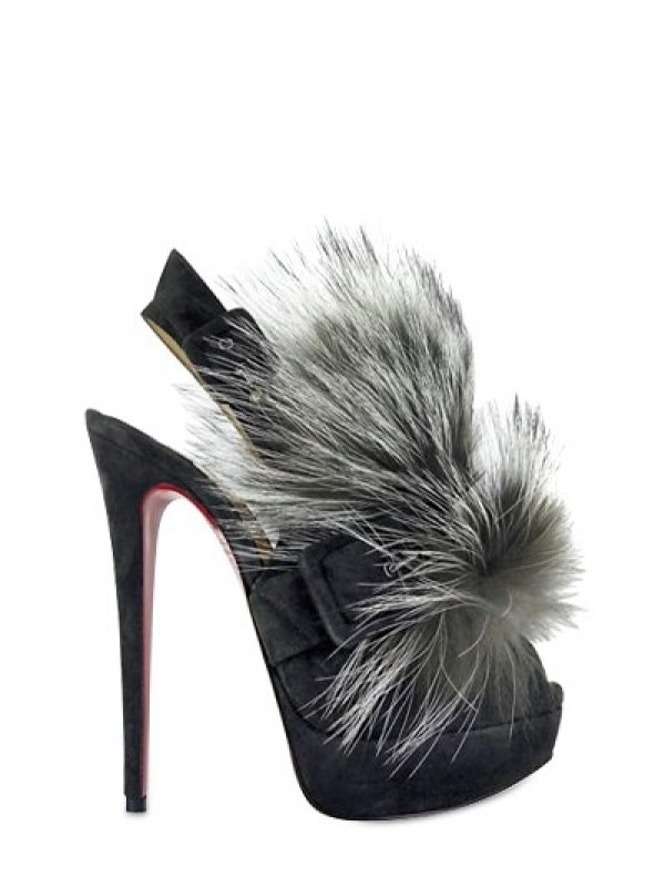 christian louboutin mules Black suede fox fur trim - Bbridges