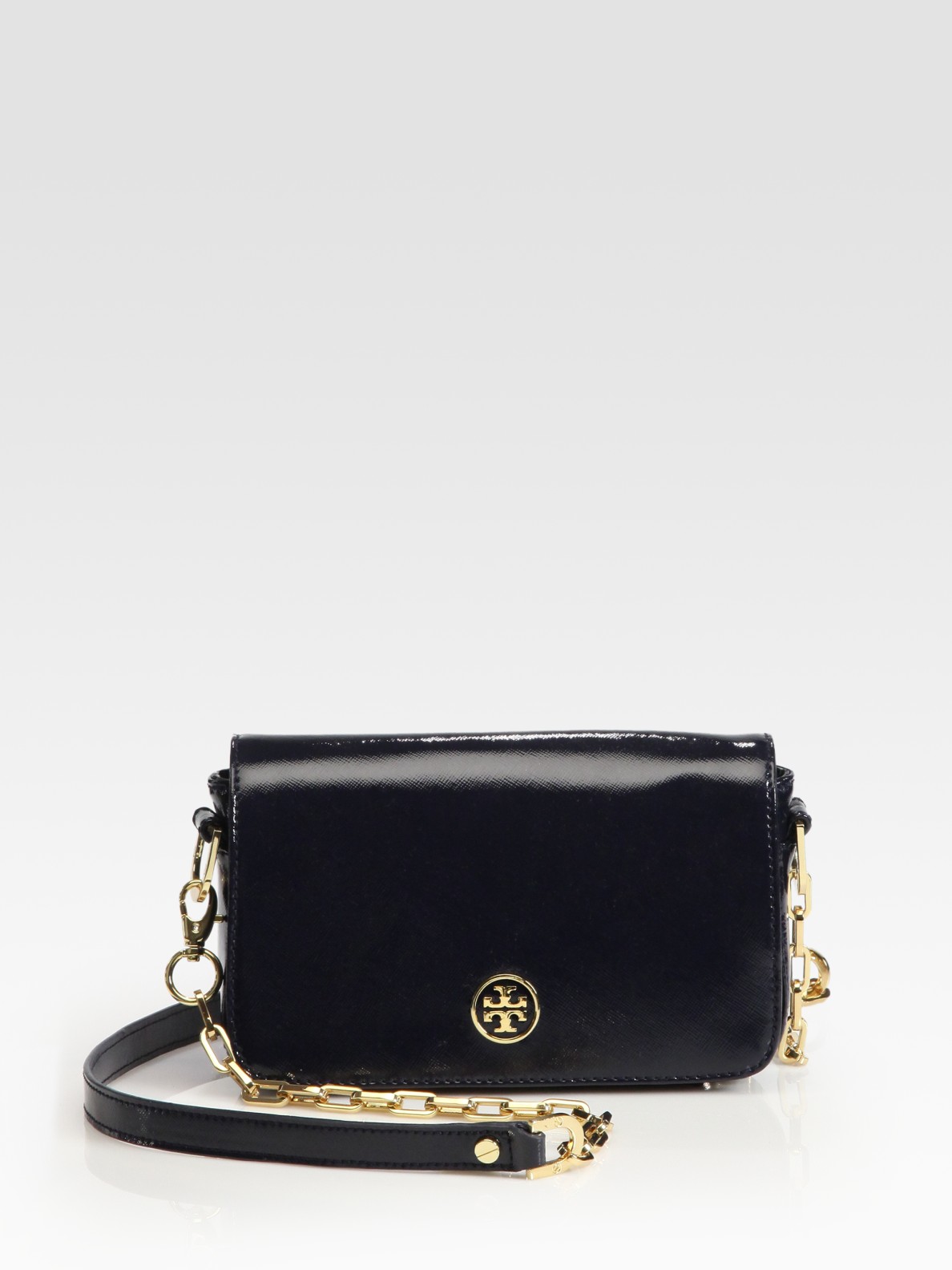 Tory burch Robinson Mini Patent Leather Shoulder Bag in Black | Lyst