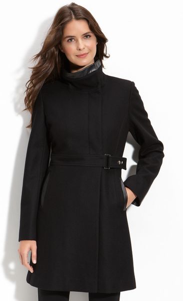 Via Spiga Christina Leather Trim Coat in Black | Lyst
