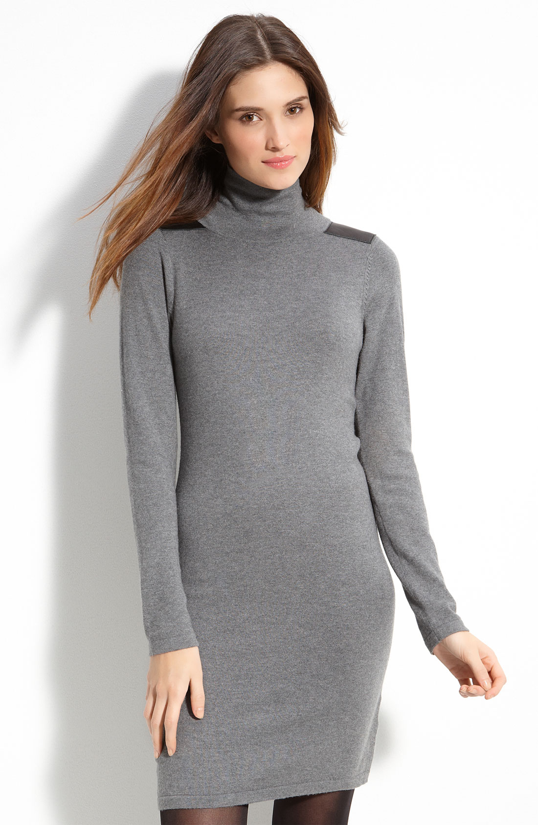 Vince Camuto Turtleneck Sweater Dress with Leather Patches in Gray ...