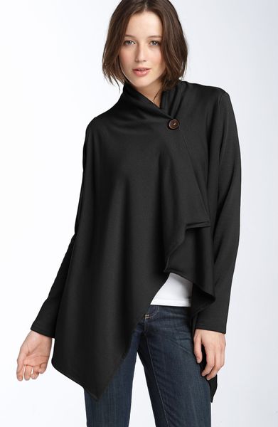 Bobeau One-Button Fleece Wrap Cardigan in Black | Lyst